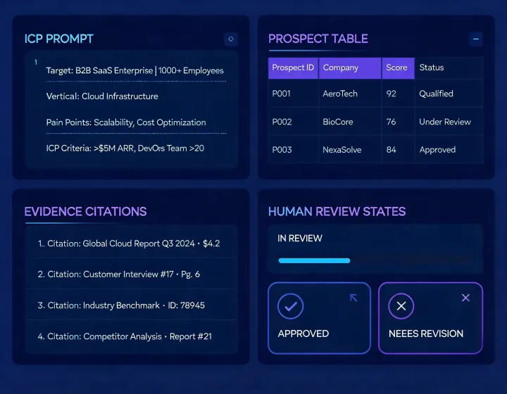 Agent prospecting workspace showing an ICP brief and reviewable results